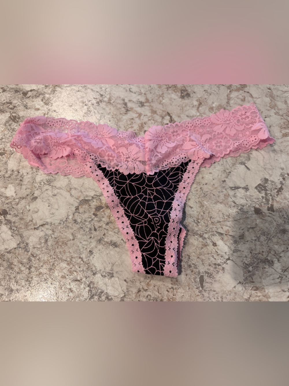 VS PINK Lace Trim Ribbed Cotton Thong Halloween Panty Spiderweb NWT Medium